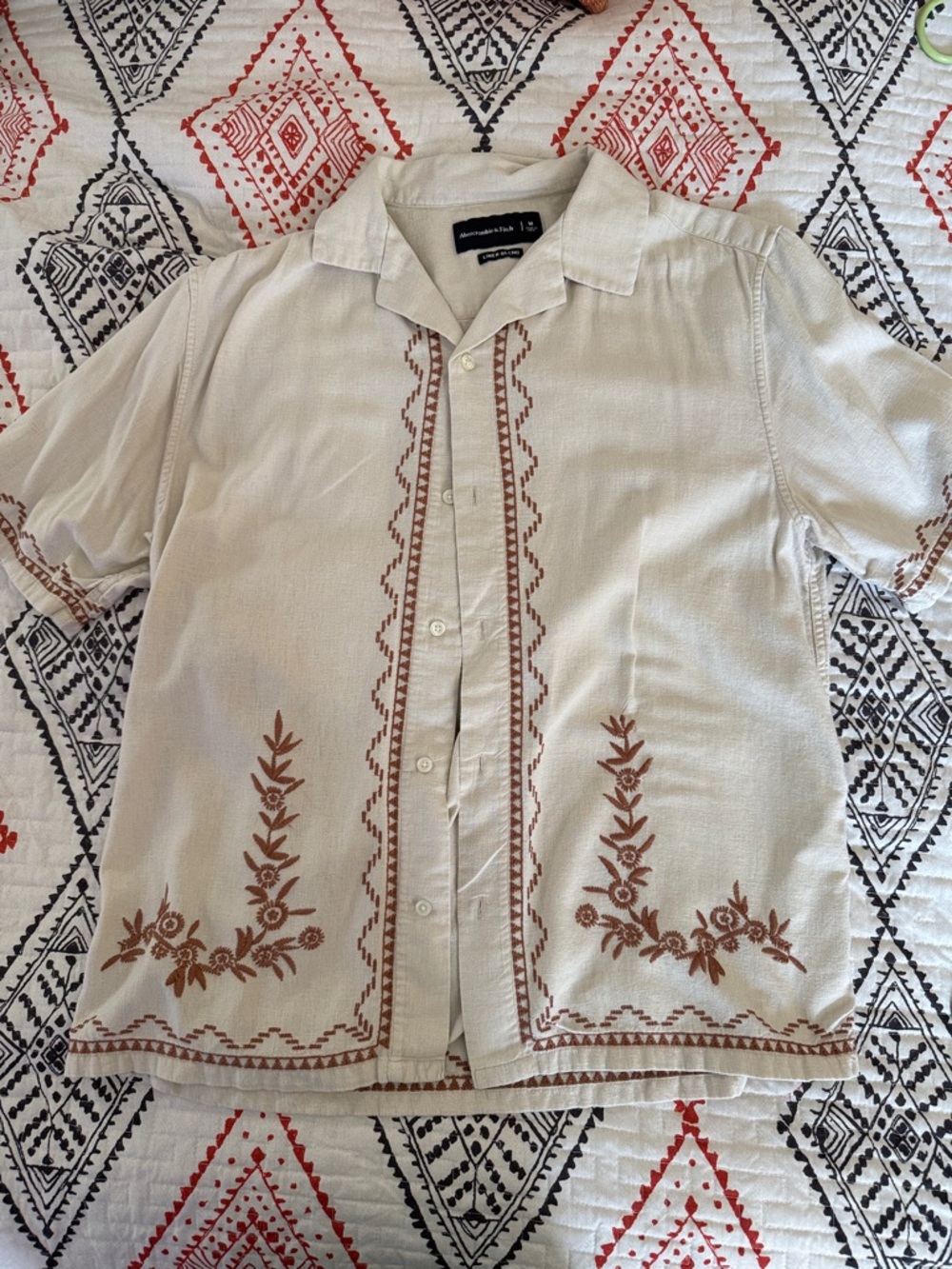 Abercrombie & Fitch Cream Short-Sleeve Button-Down Shirt with Brown Embroidery
